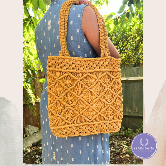 Mustard Macramé Tote Bag – Handwoven Cotton Shoulder Bag with Intricate Knot Design
