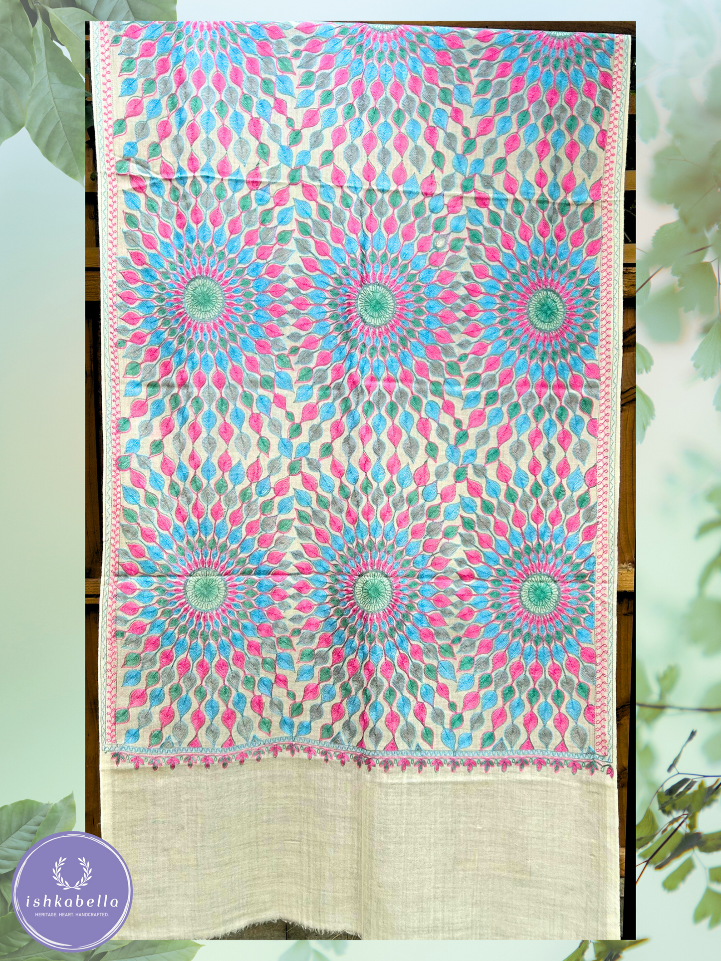 Ari Embroidered 100% Cashmere Pashmina Stole ā Off-White with Blue & Pink Sun Motifs | ishkabella