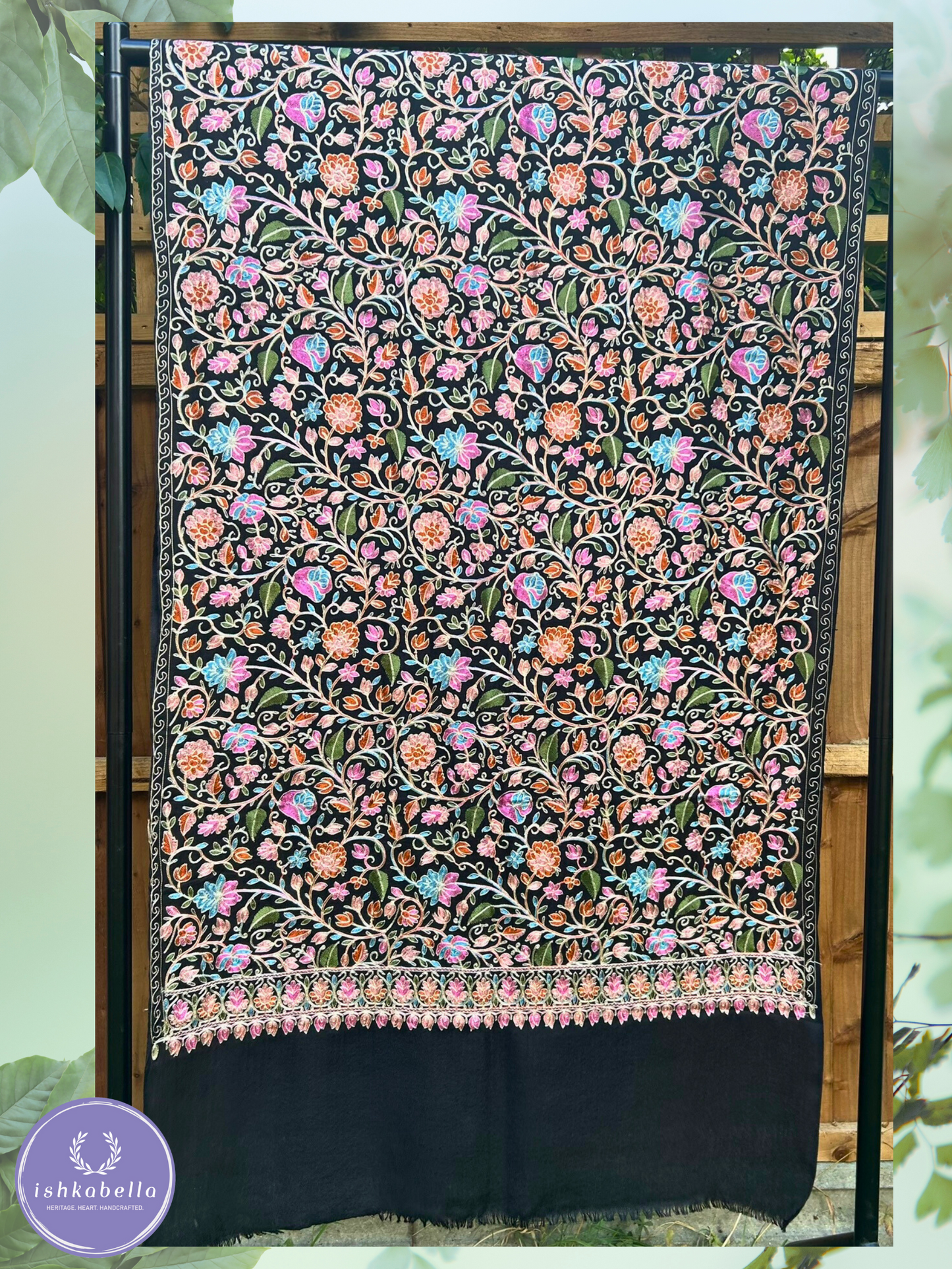 Ari Embroidered 100% Cashmere Pashmina Stole – Black with Pink, Blue & Orange Floral Motifs | ishkabella