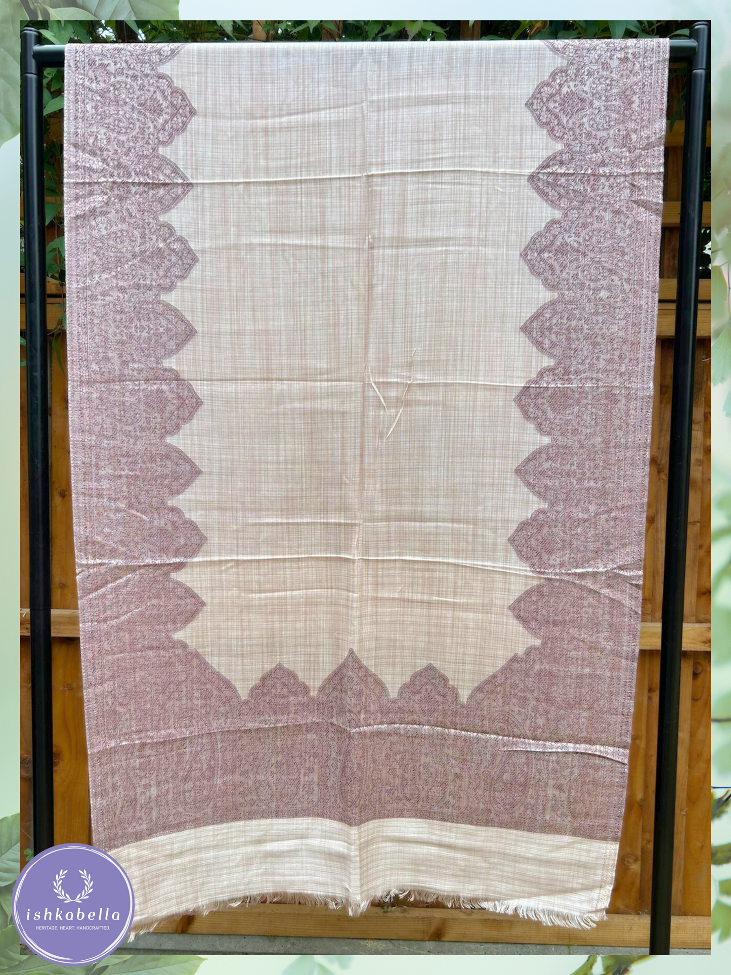 Bordered Wool Silk blend Stole – Pearl Beige with Burgundy Design | ishkabella