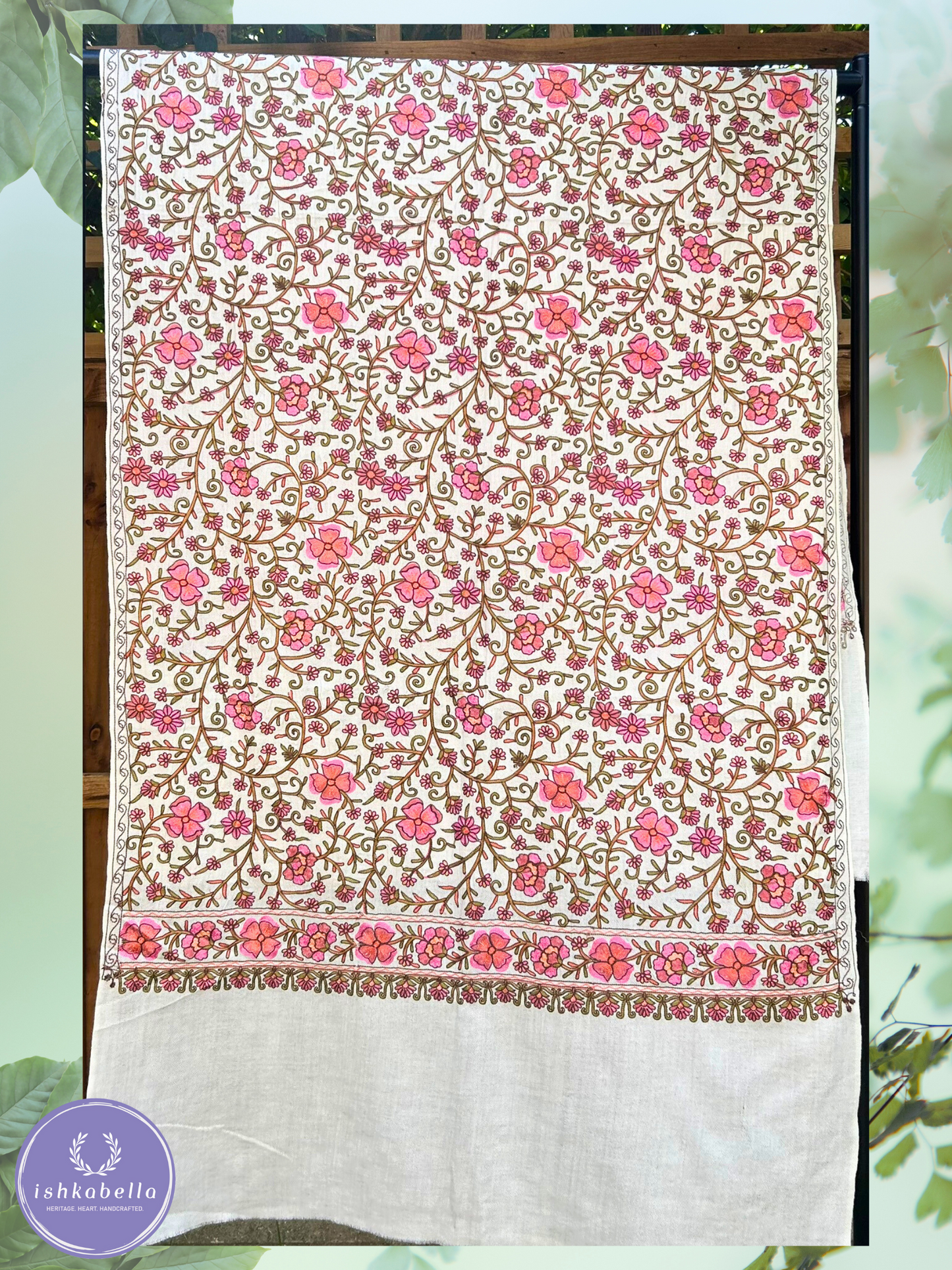Ari Embroidered 100% Cashmere Pashmina Stole β Ivory with Pink & Peach Floral Motifs | ishkabella