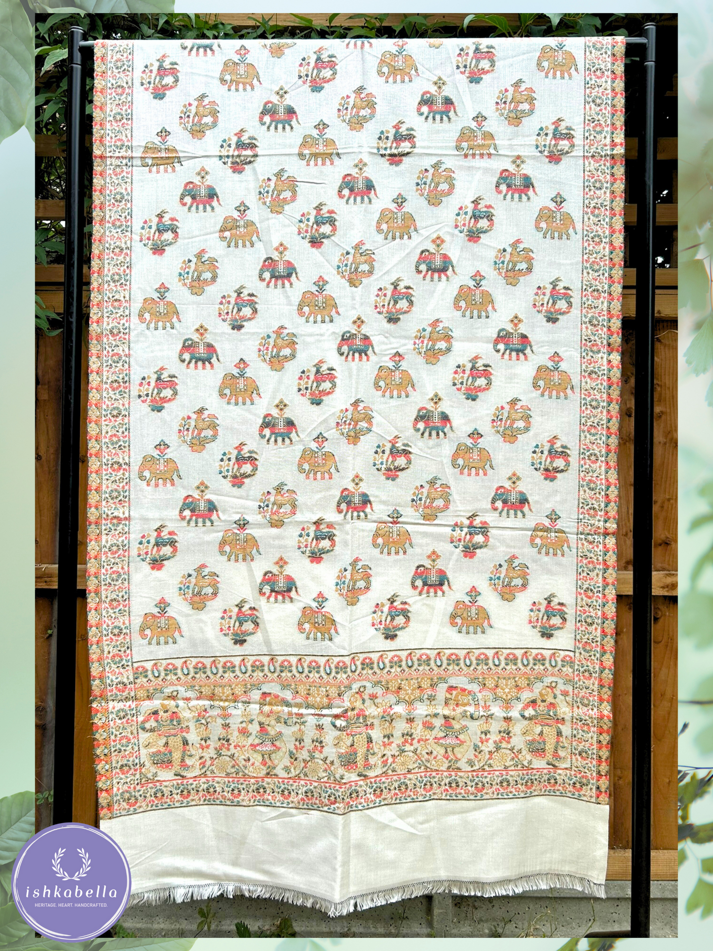 Tribal Motif Wool Silk blend Stole – Ivory white with Festive Spirit | ishkabella