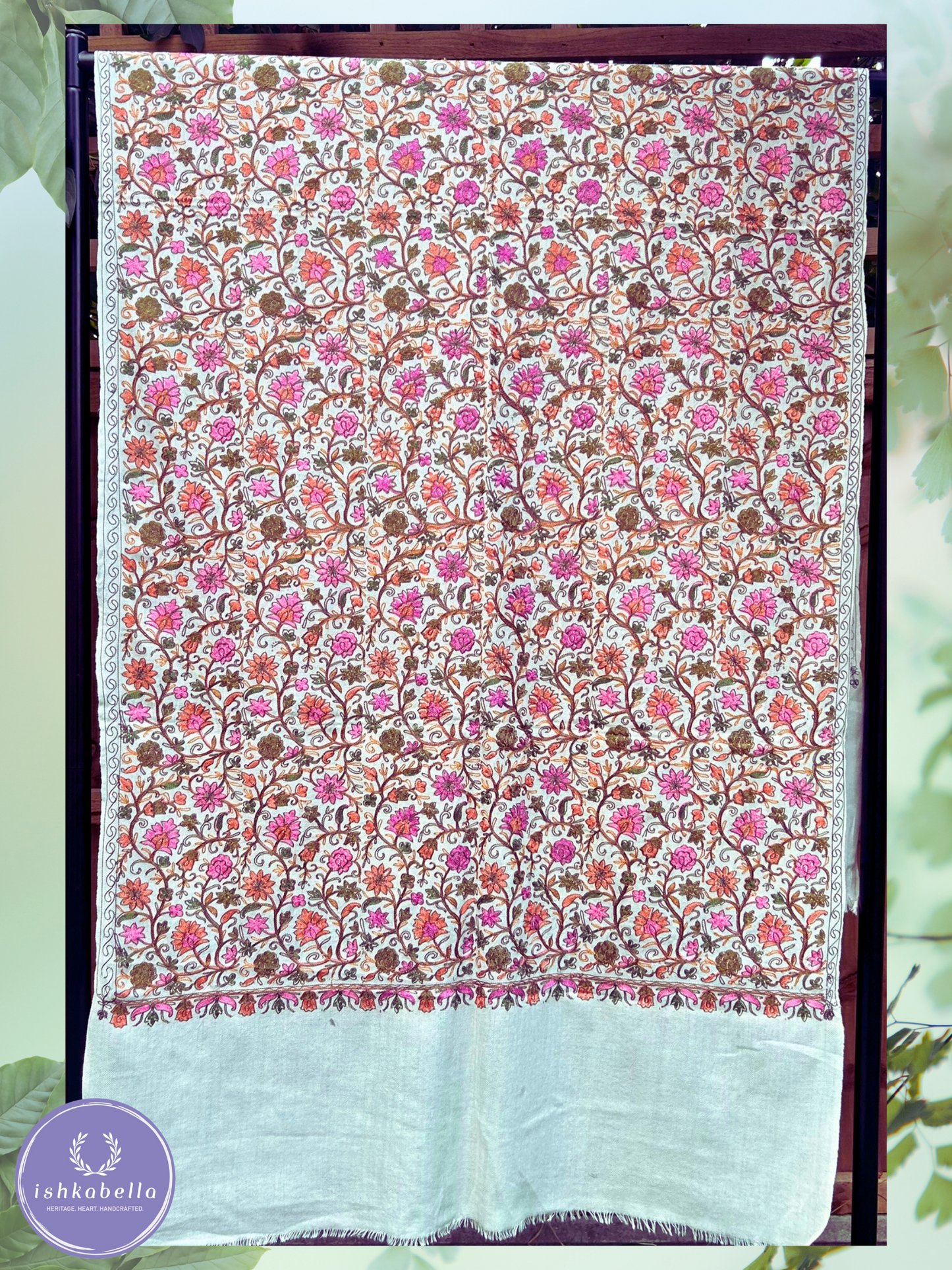 Ari Embroidered 100% Cashmere Pashmina Stole β Off-White with Detailed Pink Orange Brown Floral Motifs | ishkabella
