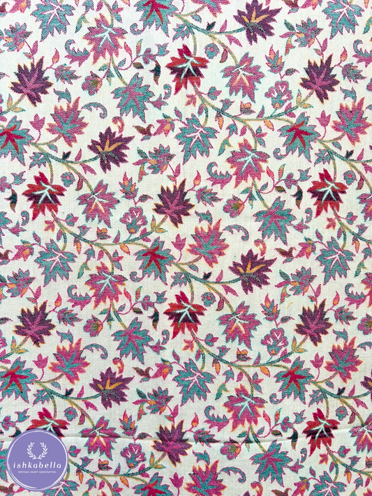 Kani Weave Fine Wool Stole – White leaf motif | ishkabella