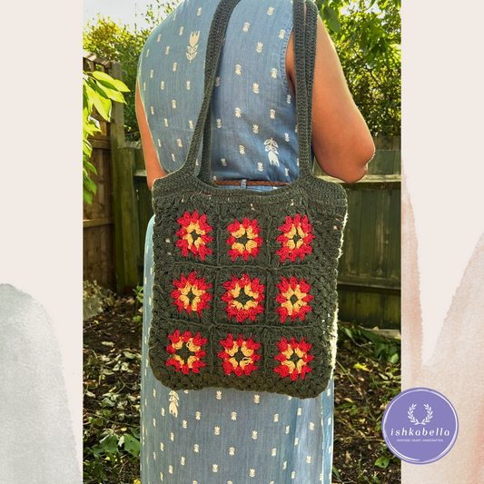 Dark Green Crochet Tote Bag with Yellow & Red Floral Pattern – Handmade Cotton Flower Bag