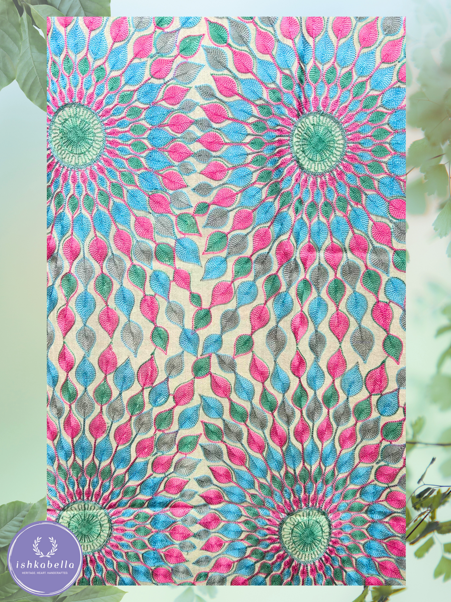 Ari Embroidered 100% Cashmere Pashmina Stole ā Off-White with Blue & Pink Sun Motifs | ishkabella