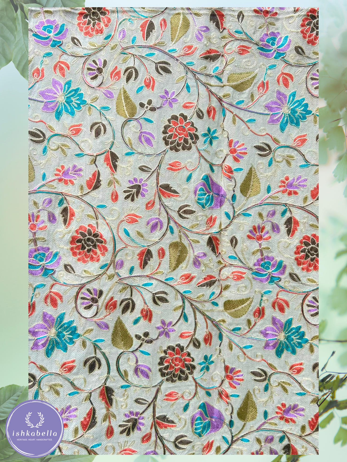 Ari Embroidered 100% Cashmere Pashmina Stole ā Ivory with Orange & Blue Motifs | ishkabella