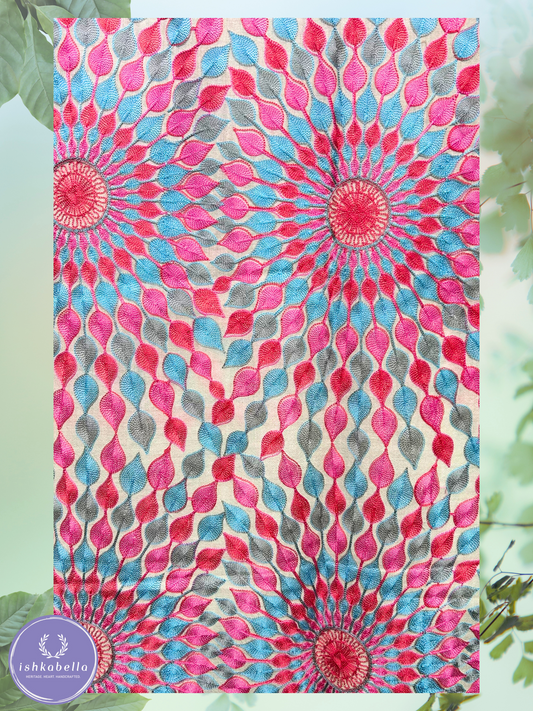 Ari Embroidered 100% Cashmere Pashmina Stole – Sea Shell White with Pink & Blue Sun Motifs | ishkabella