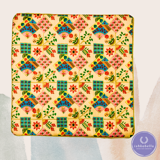 Gold Thread Embroidered Printed Cushion Cover – Light Gold Cotton Base