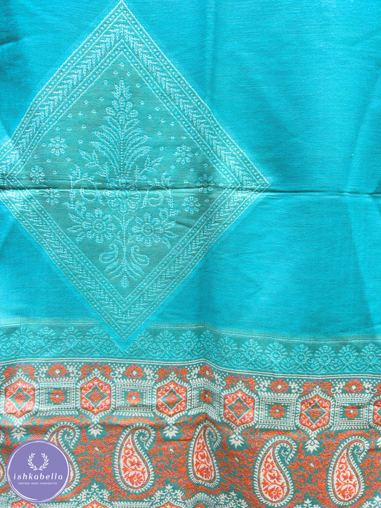 Paisley Border Wool Silk blend Stole – Sky Blue & Ember | ishkabella