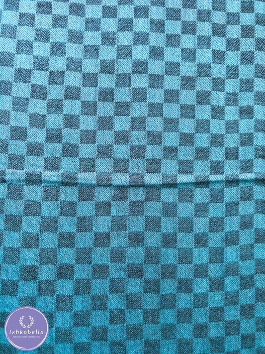 Small Checkered 100% Cashmere Pashmina Stole – Turquoise Blue and Monochrome | ishkabella