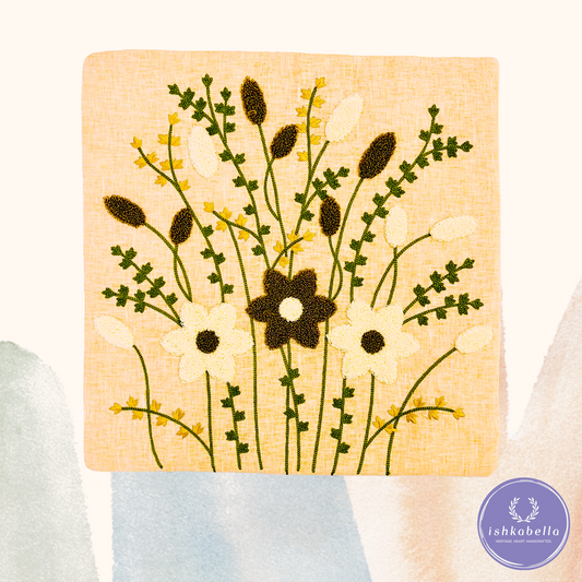 Pink Floral Punch Needle Embroidered Cushion Cover – White & Brown Flowers with Green Bushes