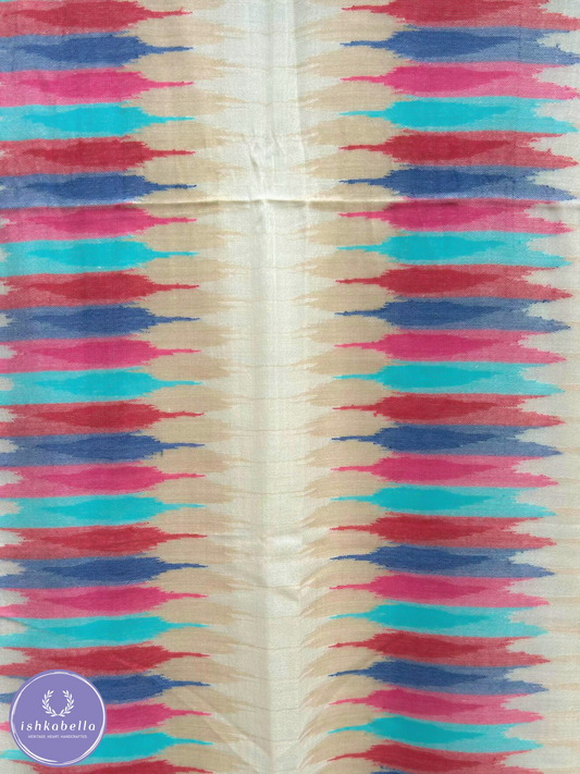 Ikat weave 100% Cashmere Pashmina Stole – Beige with Red & Blue Accents | ishkabella