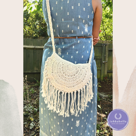White Macramé Half Moon Sling Bag – Handwoven Cotton Crossbody Bag in Semi-Circle Design