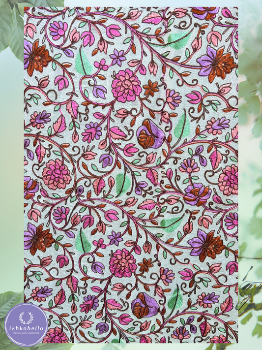 Ari Embroidered 100% Cashmere Pashmina Stole – Off-White with Pink & Purple Floral Motifs | ishkabella