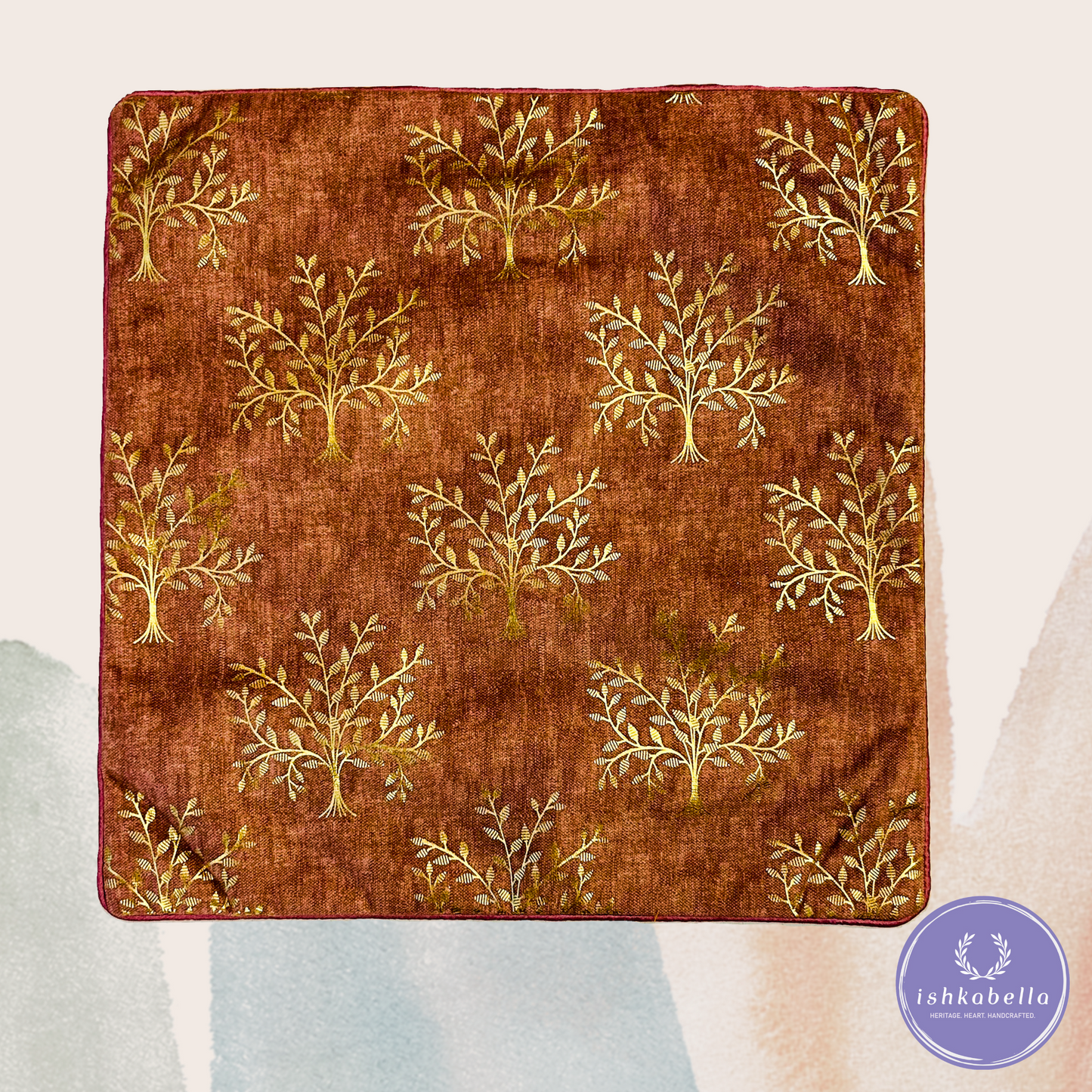 Gold Printed Tree Cushion Cover – Reddish Maroon Cotton Velvet