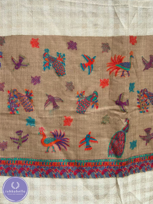 Bird Motif 100% Cashmere Pashmina Stole – Beige & Light Brown | ishkabella