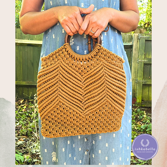 Handwoven Brown Mustard Macramé Tote Bag with Wooden Handle | Boho Chic Women’s Shoulder Bag