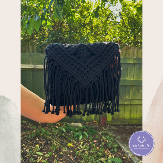 Handwoven Black Macramé Sling Bag – Chic Boho Crossbody for Women