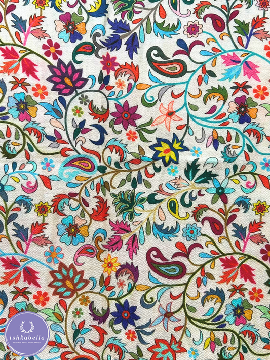 Paisley Garden Print Rich Wool Stole – Ivory White multicolour motifs | ishkabella