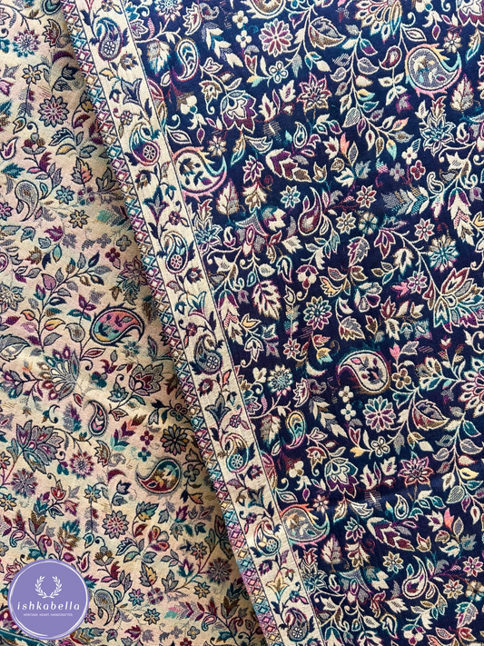 Reversible Wool Silk blend Floral Stole – Navy Blue & Beige Bloom | ishkabella