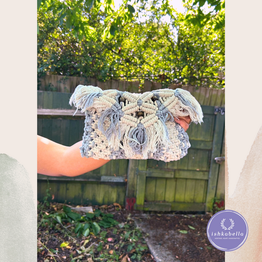 Handwoven White & Grey Macramé Sling Bag – Boho Chic Crossbody for Women