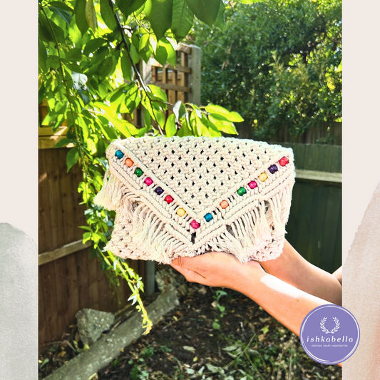 White Handwoven Macramé Sling Bag with Colorful Beaded Flap – Boho Statement Crossbody