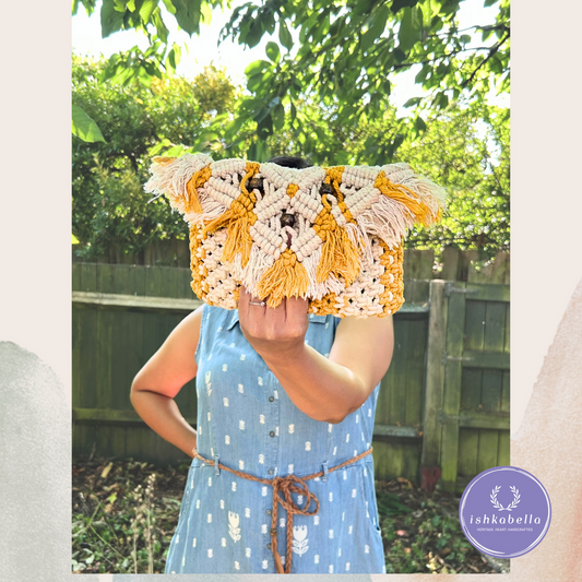 Handwoven White & Mustard Macramé Sling Bag – Handmade Feminine Boho Crossbody