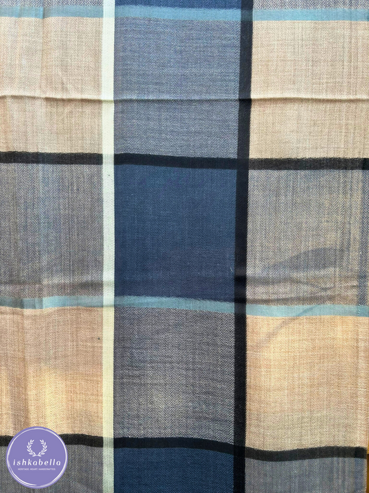 Big Checkered 100% Cashmere Pashmina Stole – Navy Blue Beige Monochrome | ishkabella