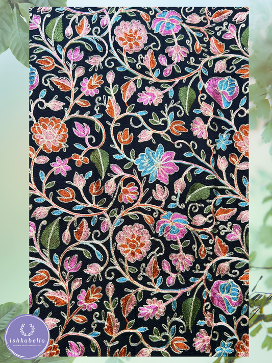 Ari Embroidered 100% Cashmere Pashmina Stole – Black with Pink, Blue & Orange Floral Motifs | ishkabella