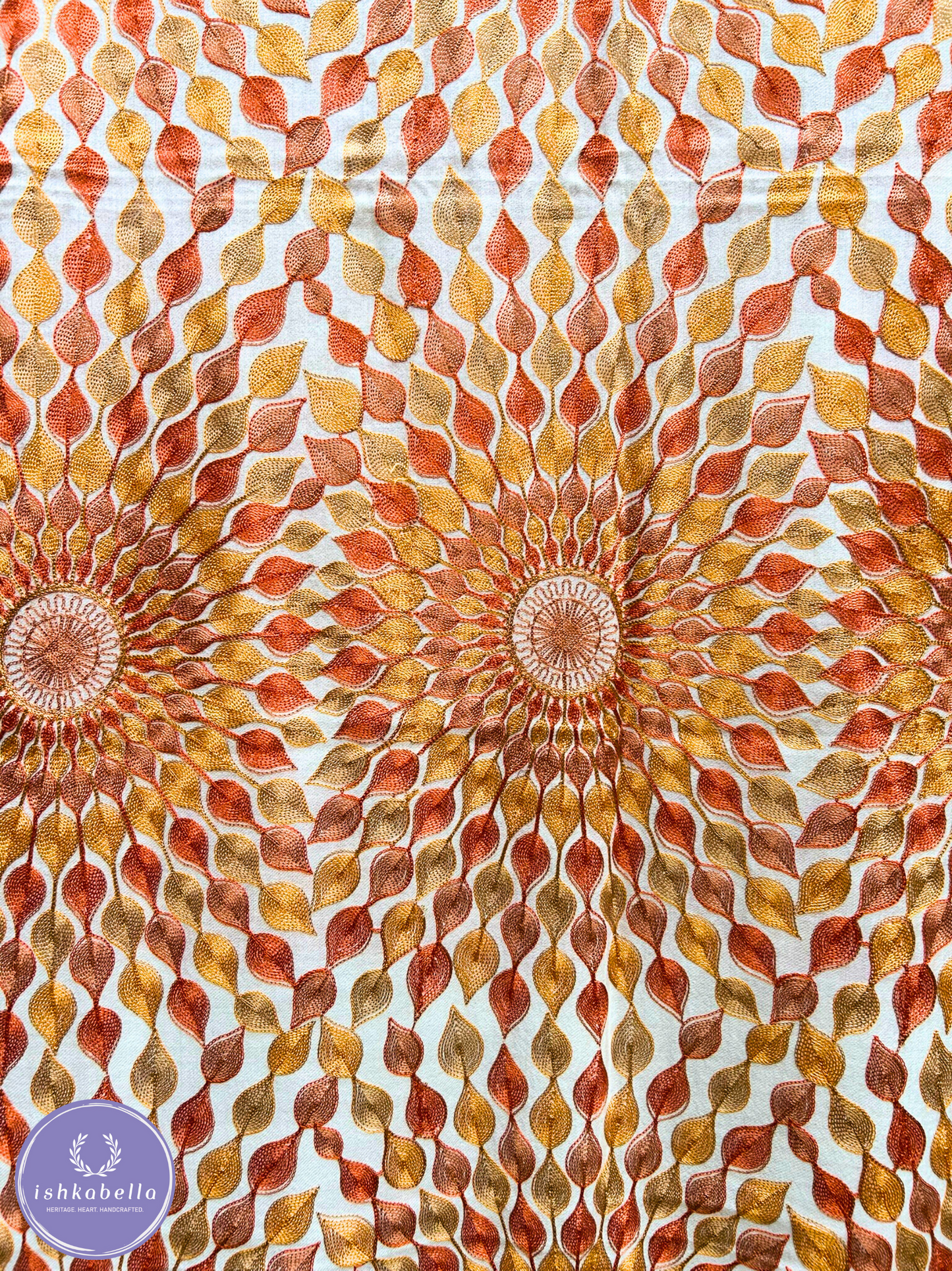 Ari Embroidered 100% Cashmere Pashmina Stole – Sea Shell White with Rust & Orange Sun Motifs | ishkabella