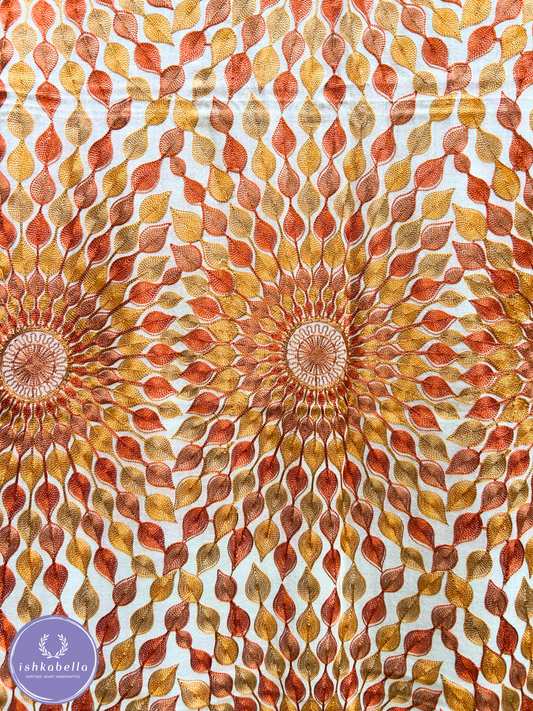 Ari Embroidered 100% Cashmere Pashmina Stole – Sea Shell White with Rust & Orange Sun Motifs | ishkabella