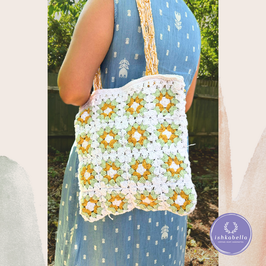 White Crochet Tote Bag with Yellow & Green Floral Design – Handcrafted Cotton Square Bag