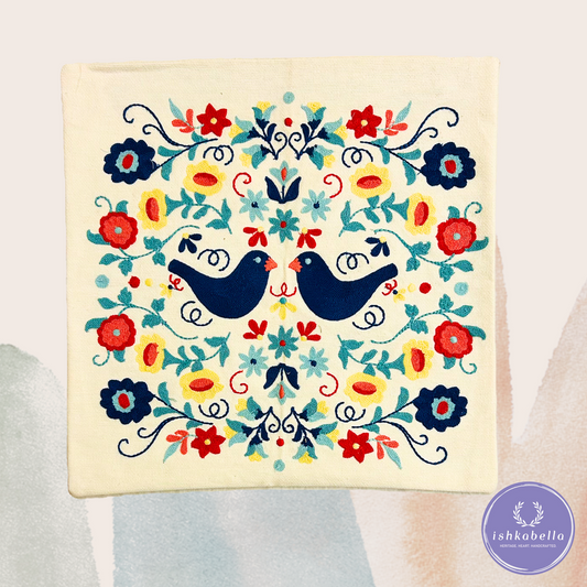 Embroidered Cotton Cushion Cover - Elegant Indian textile art of birds and flowers
