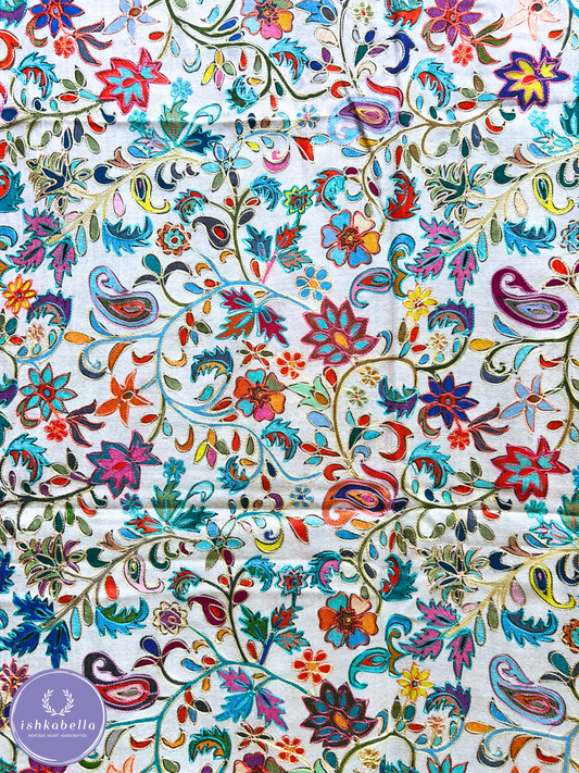 Printed & Embroidered 100% Cashmere Pashmina Stole – Light Grey Floral Motif | ishkabella