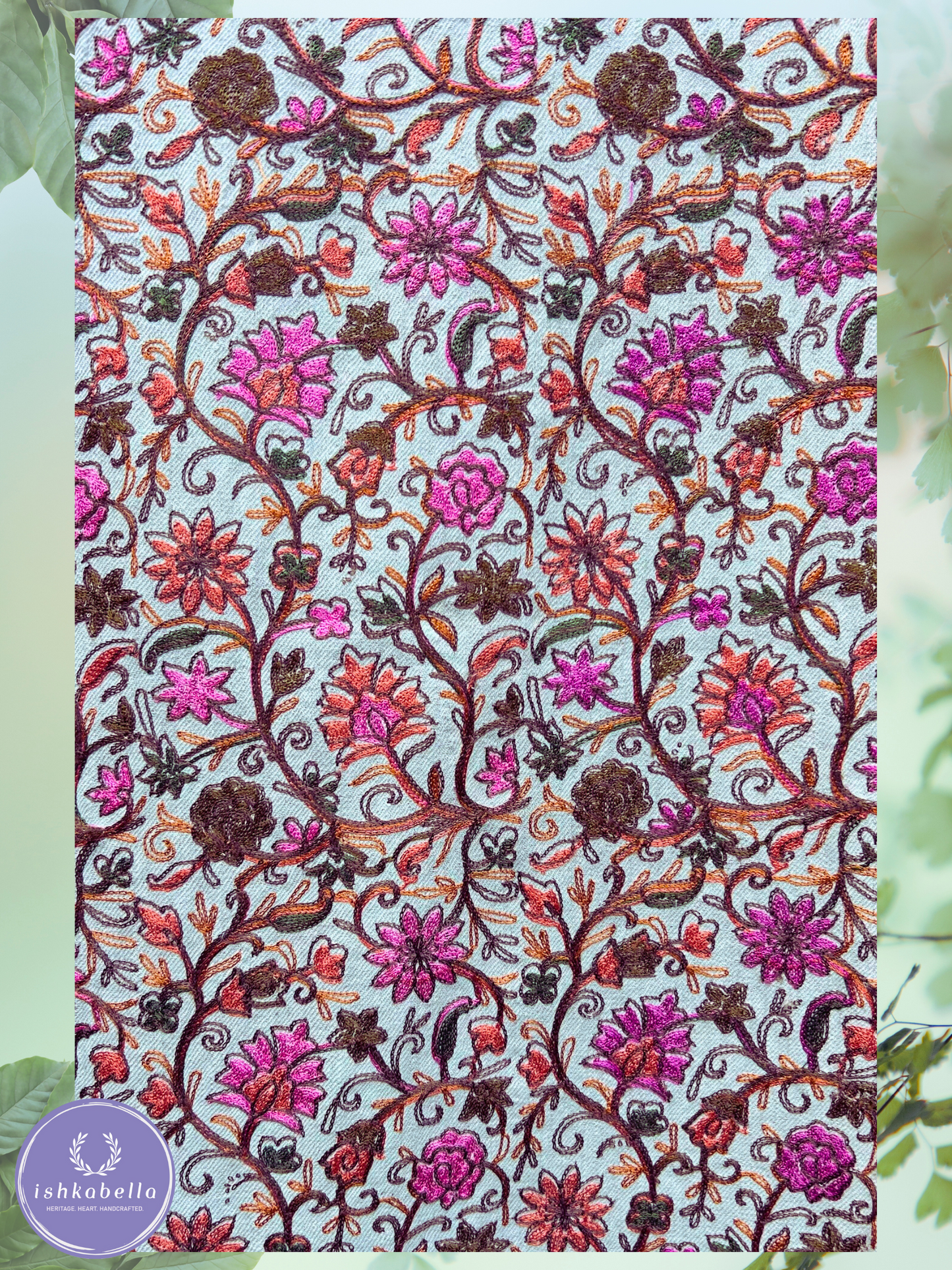 Ari Embroidered 100% Cashmere Pashmina Stole β Off-White with Detailed Pink Orange Brown Floral Motifs | ishkabella