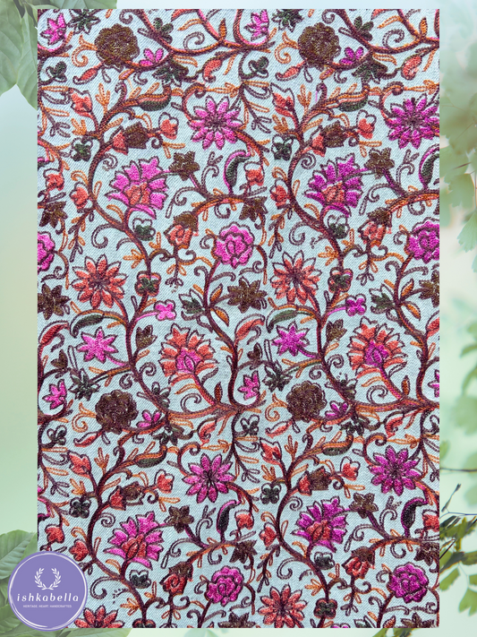 Ari Embroidered 100% Cashmere Pashmina Stole – Off-White with Detailed Pink Orange Brown Floral Motifs | ishkabella
