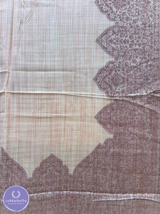Bordered Wool Silk blend Stole – Pearl Beige with Burgundy Design | ishkabella