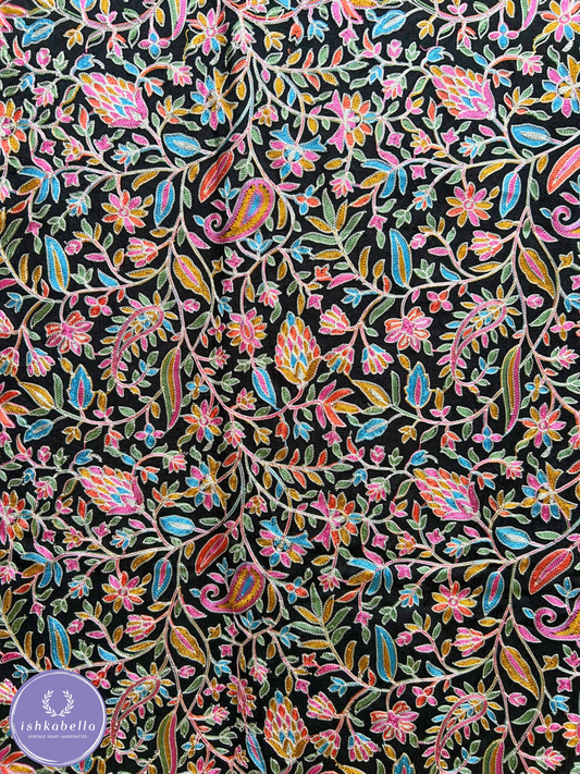 Ari Embroidered Fine Cashmere Wool Stole – Black with Multicolour Floral Motifs | ishkabella