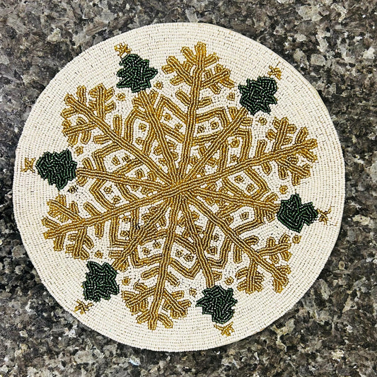 Handmade Beaded Placemat / Tablemat – 14" Round | Antique Gold & Silver snowflake design | White, Gold and Green colour