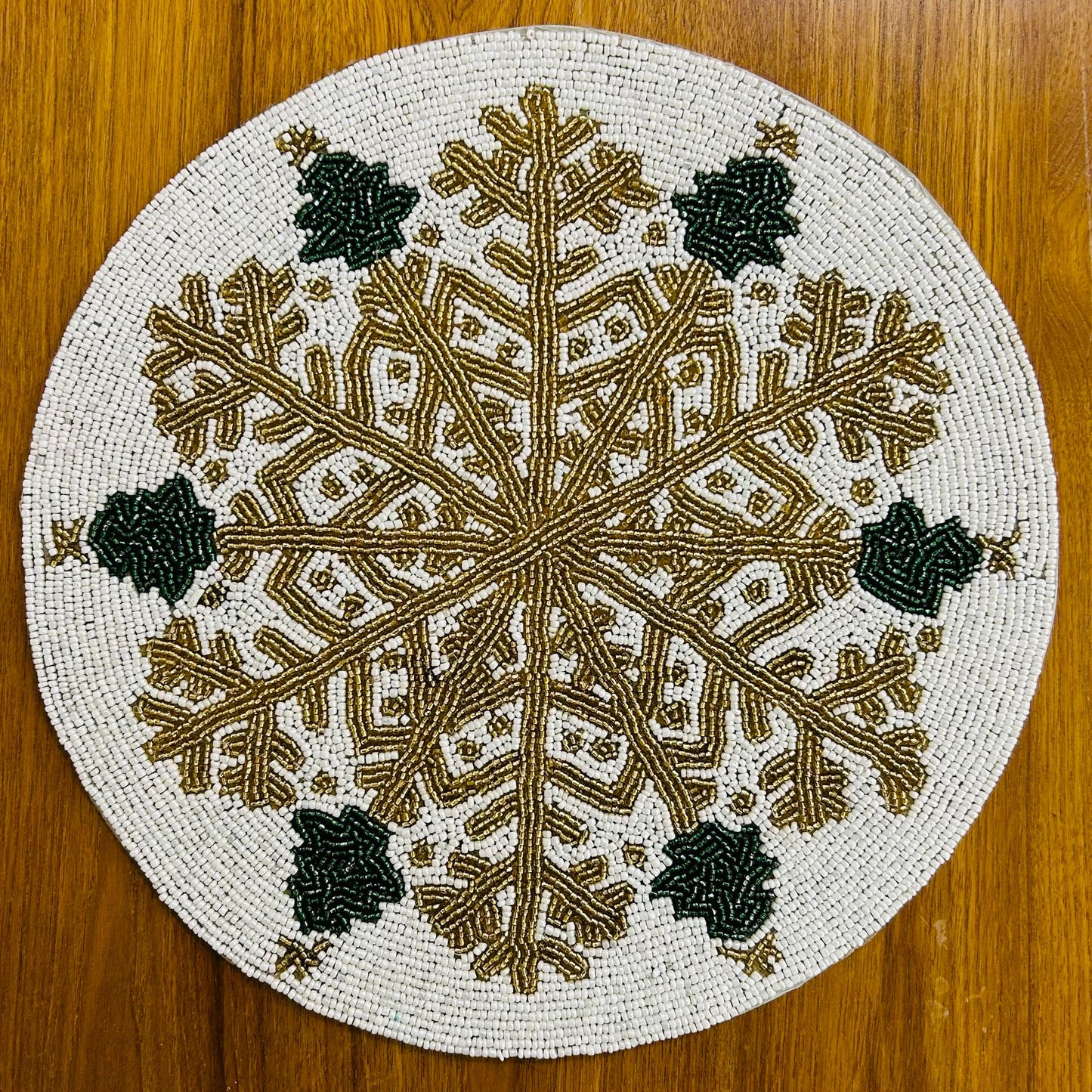 Handmade Beaded Placemat / Tablemat – 14" Round | Antique Gold & Silver snowflake design | White, Gold and Green colour