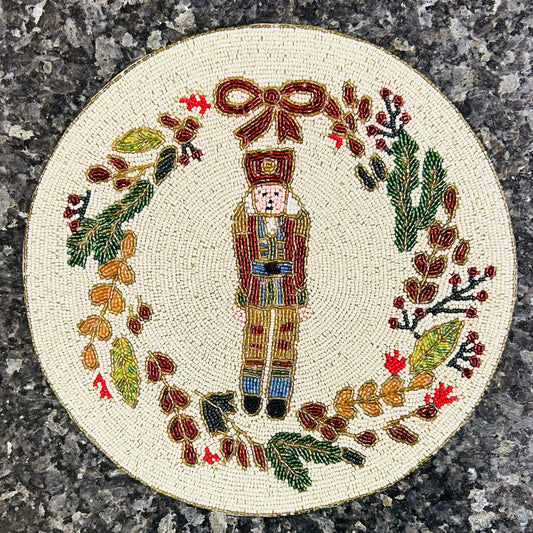 Handmade Beaded Placemat / Tablemat - 14" round | Nutcracker with Floral circular Wreath | Red, Green, Gold and White colour