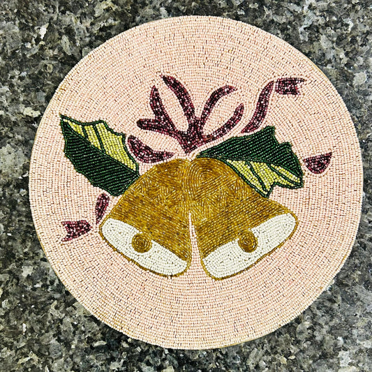 Handmade Beaded Placemat / Tablemat - 14" round | Jingle Bell & Holly Leaf Design | Gold, Pink and Green colour