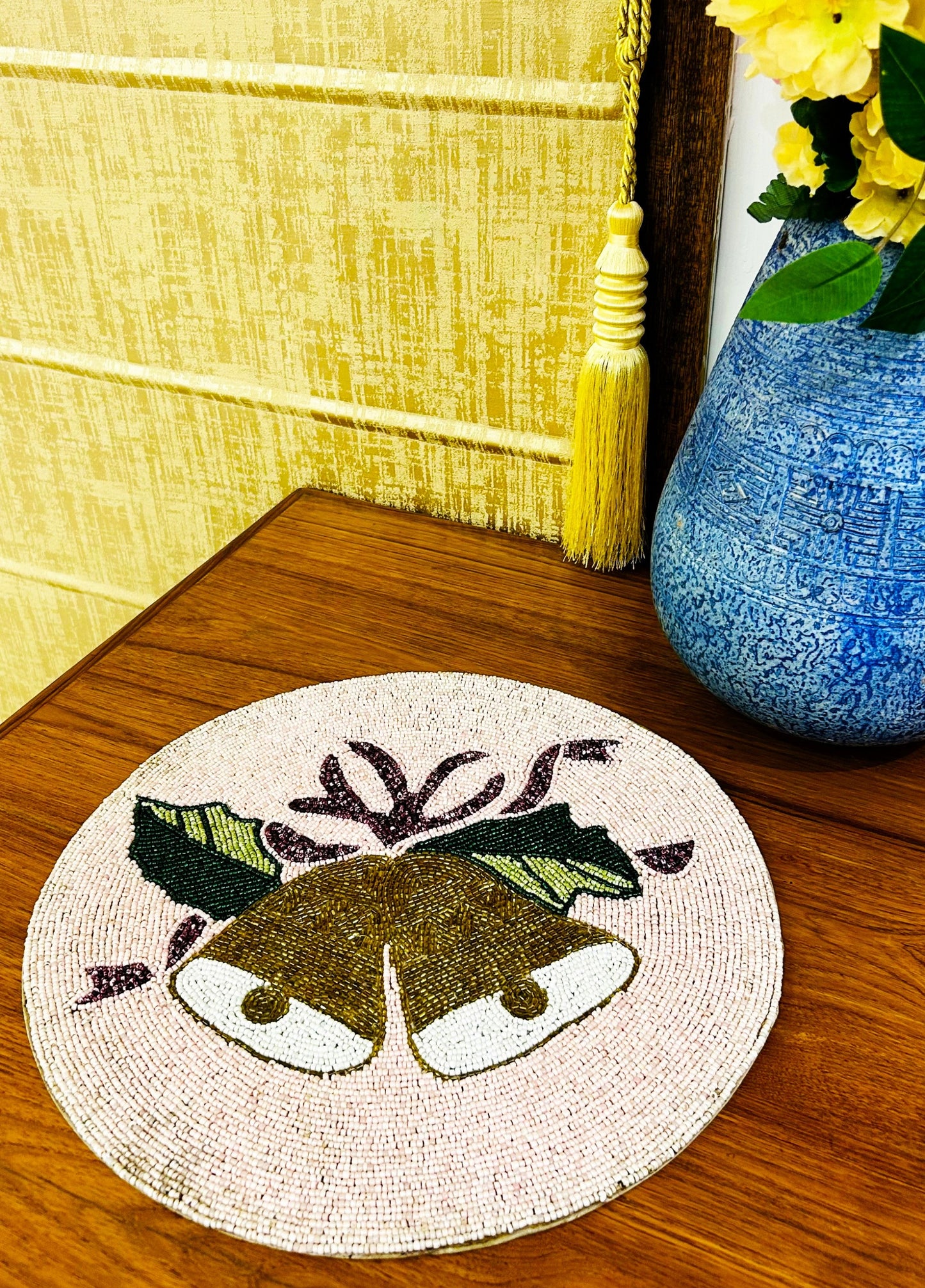 Handmade Beaded Placemat / Tablemat - 14" round | Jingle Bell & Holly Leaf Design | Gold, Pink and Green colour