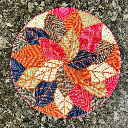 Handmade Beaded Placemat / Tablemat - 14" round | Multicolour Leaf Collage in circle shape | Multicolour with Red, Pink, Green, Blue, Silver