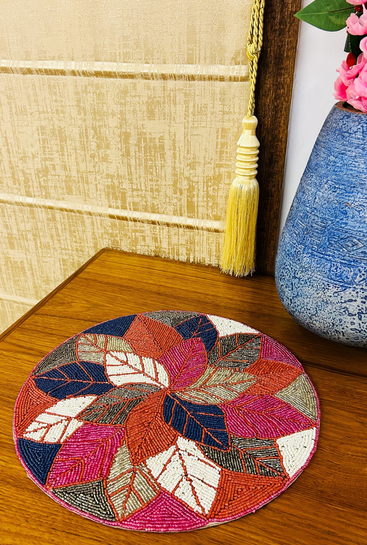 Handmade Beaded Placemat / Tablemat - 14" round | Multicolour Leaf Collage in circle shape | Multicolour with Red, Pink, Green, Blue, Silver