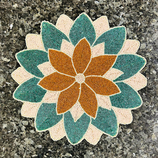 Handmade Beaded placemat / tablemat – 14" Round | Flourishing Floral Motif | Multicolour Pink, Brown & Green