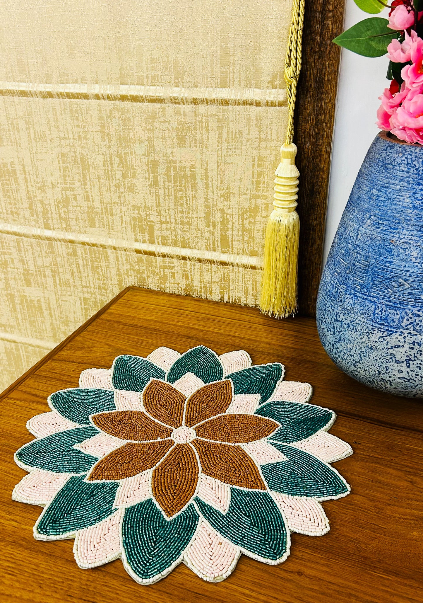 Handmade Beaded placemat / tablemat – 14" Round | Flourishing Floral Motif | Multicolour Pink, Brown & Green