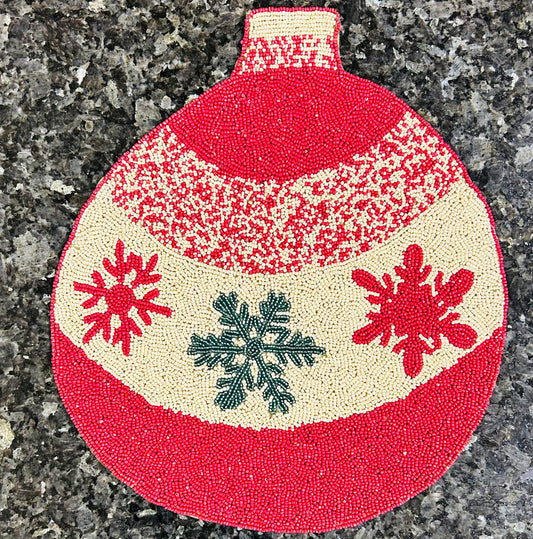 Handmade Beaded Placemat / Tablemat – 14" Round | Christmas Ball Snowflake Ornament Design | Red, Green and Beige colour