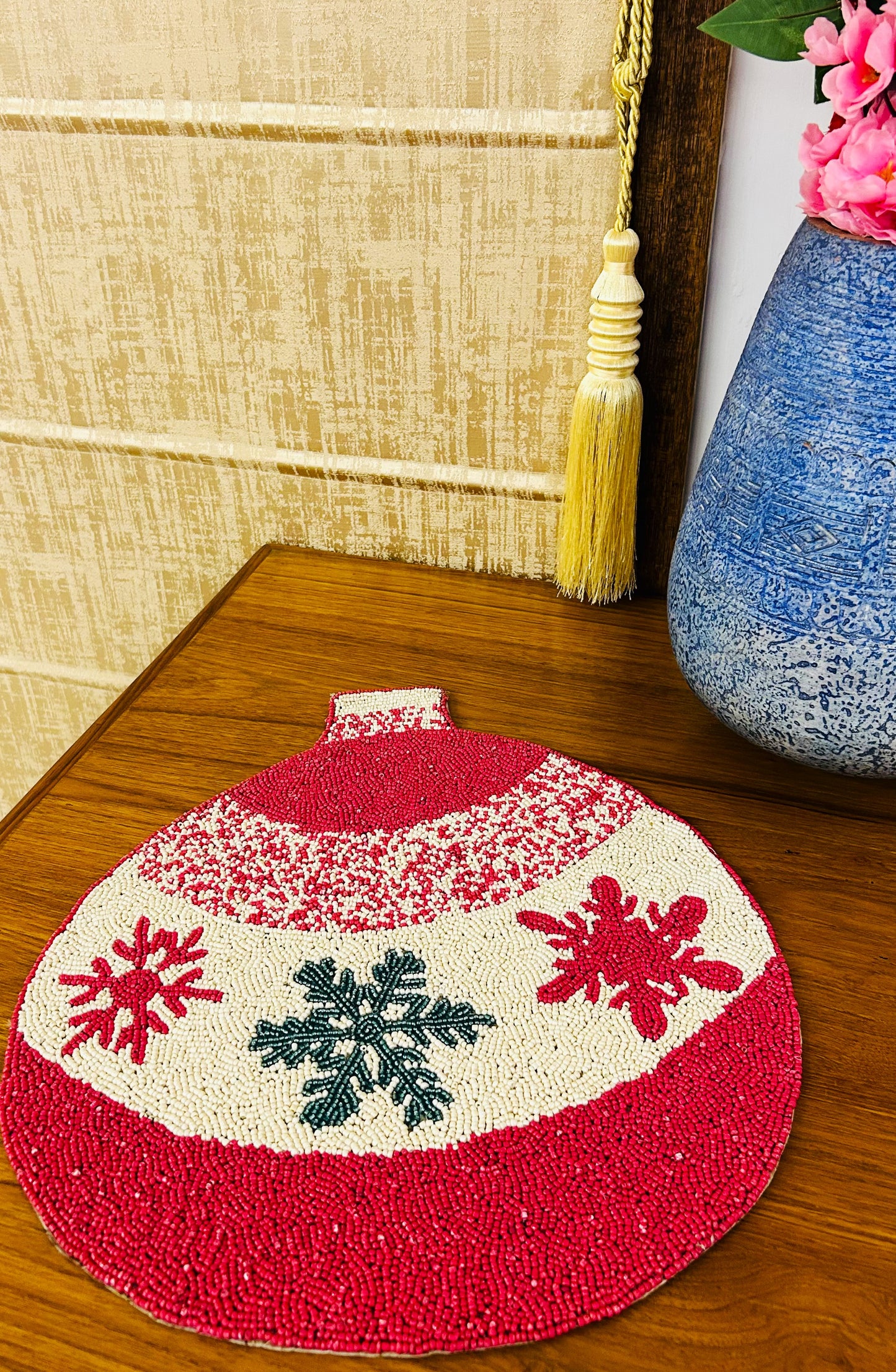 Handmade Beaded Placemat / Tablemat – 14" Round | Christmas Ball Snowflake Ornament Design | Red, Green and Beige colour